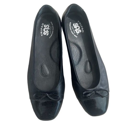 SAS Coco Leather Slip On Comfort Ballet Flat Black With Bow Cap Toe Sz 8N - Picture 1 of 7